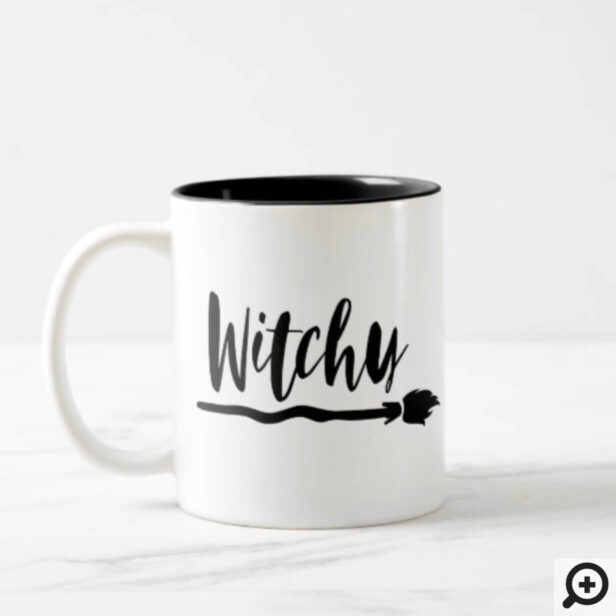 Witchy Broom | Black Brush Script Typography Two-Tone Coffee Mug