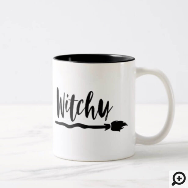 Witchy Broom | Black Brush Script Typography Two-Tone Coffee Mug