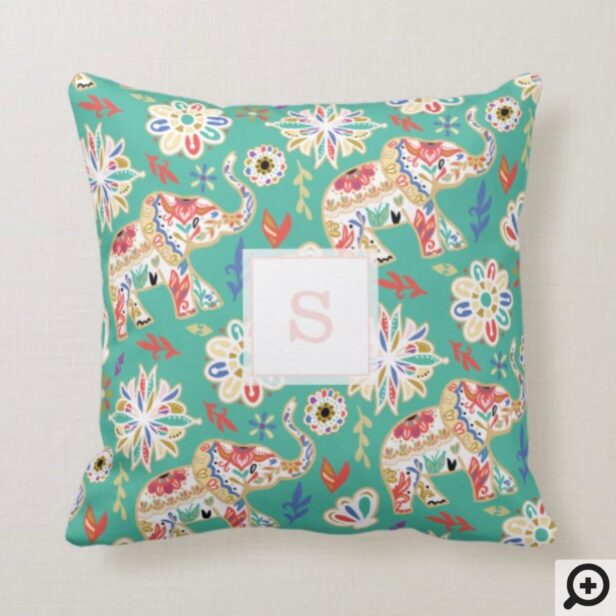 Elegant Floral Decorative Ornate Elephant Pattern Throw Pillow