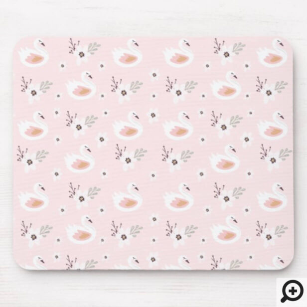 Pretty In Pink Swan & Floral Pattern Mouse Pad