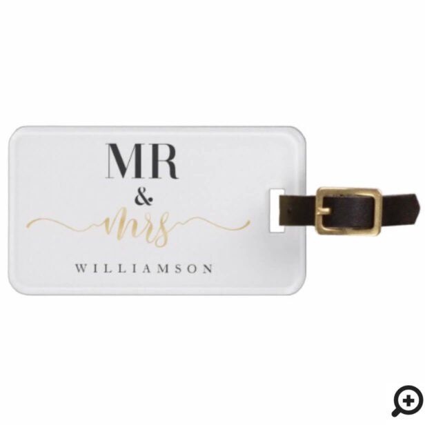 Mr & Mrs | Stylish White & Gold Stripe Newlyweds Bag Tag