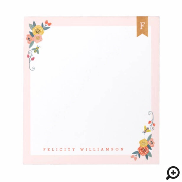 Chic Floral Wildflowers & Honey Bee Frame Monogram Notepad