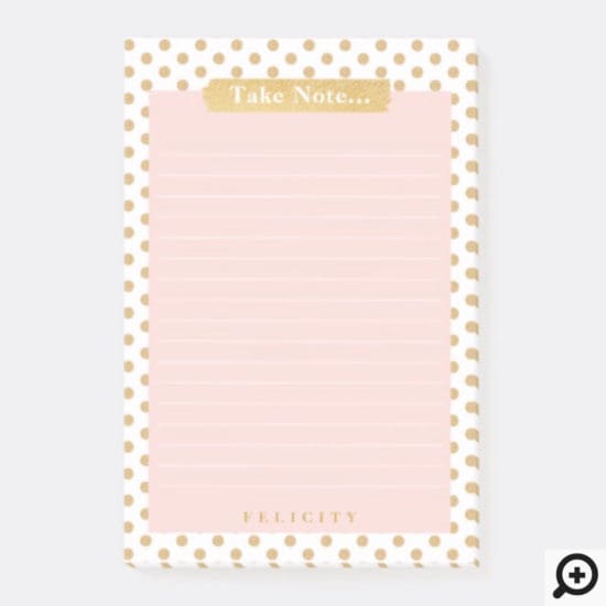 Stylish Chic Blush Pink & Gold Polka Dot Lined Postit Notes