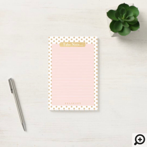 Stylish Chic Blush Pink & Gold Polka Dot Lined Post-it Notes