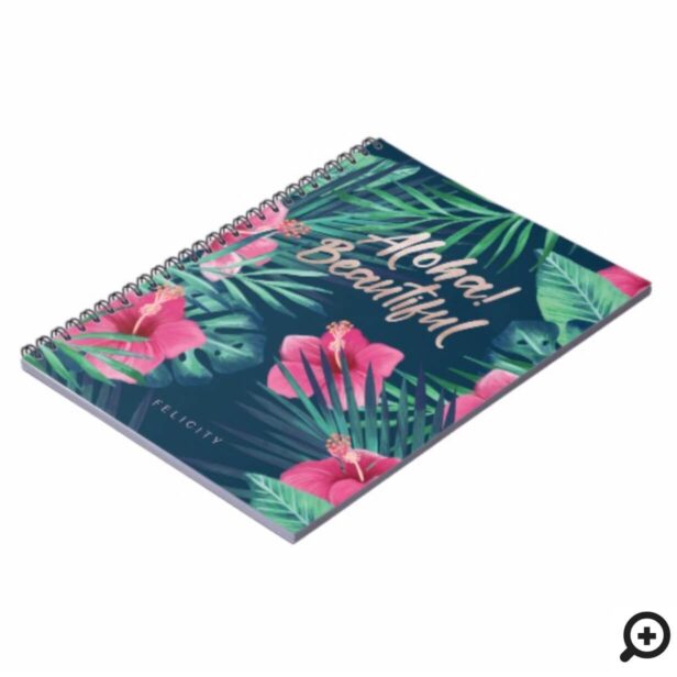 Tropical Watercolor Palm Foliage & Pink Hibiscus Notebook