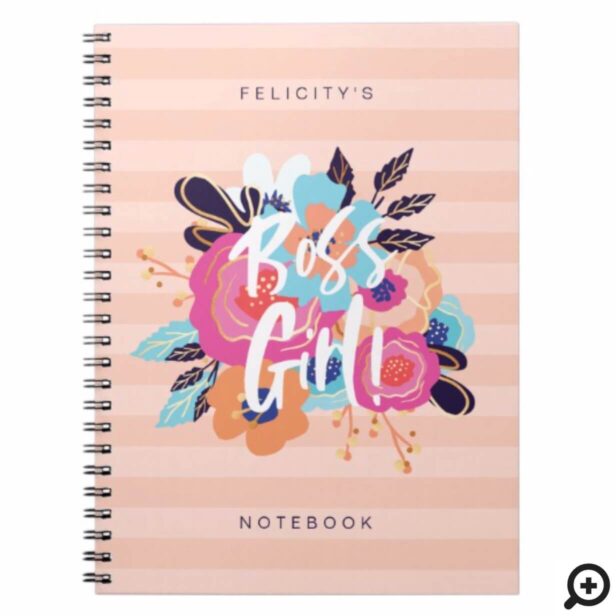 Boss Girl | Trendy Bold Florals & Blush Striped Notebook