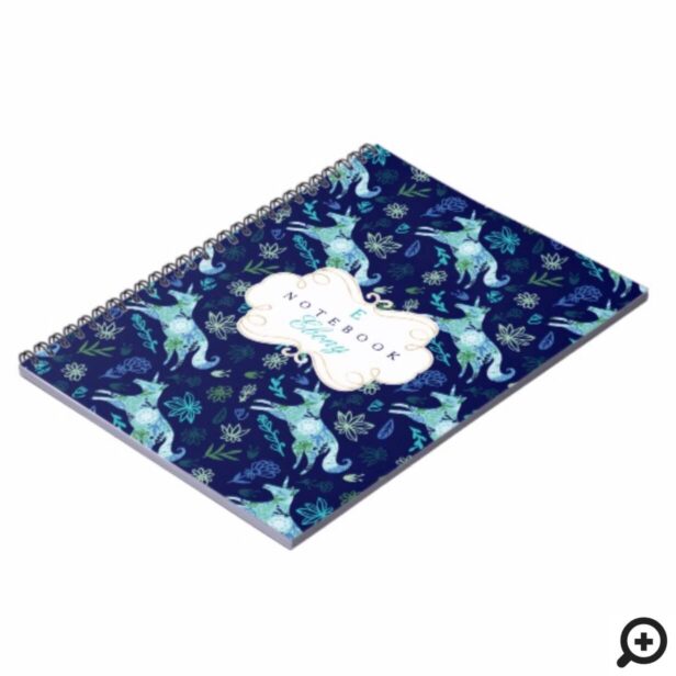 Magical Whimsical Blue Floral Unicorn Monogram Notebook