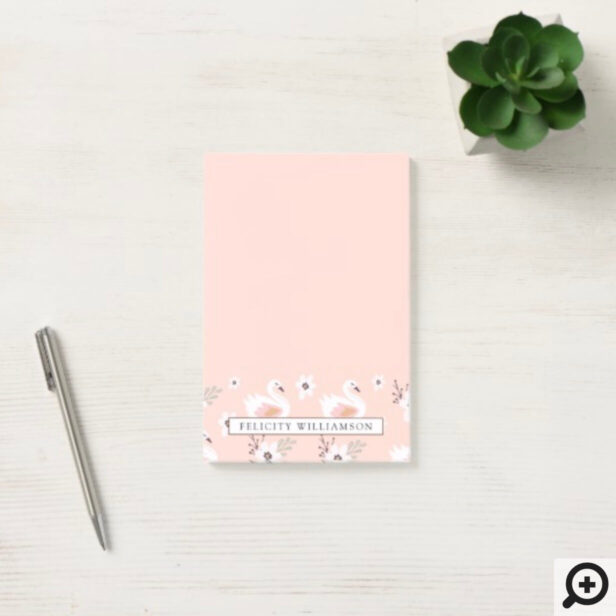 Pretty In Pink Swan & Floral Pattern Post-it Notes