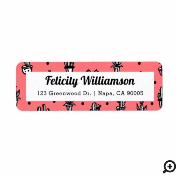 Trendy, Chic Fun Pink & Black Potted Cactus Plants Label