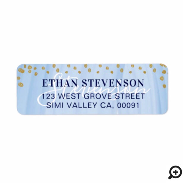 Soft Blue Watercolor & Gold Polka Dot Confetti Label