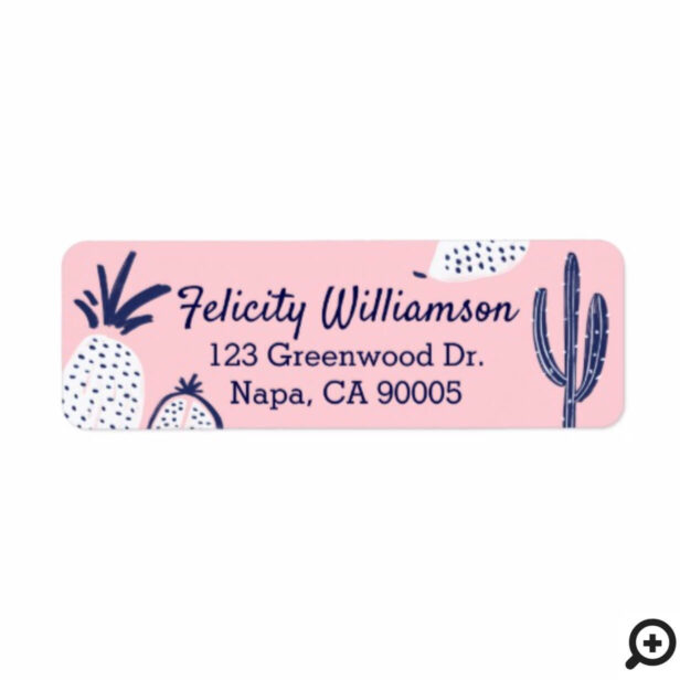 Navy Blue Pink Abstract Pineapple & Cactus Print Label