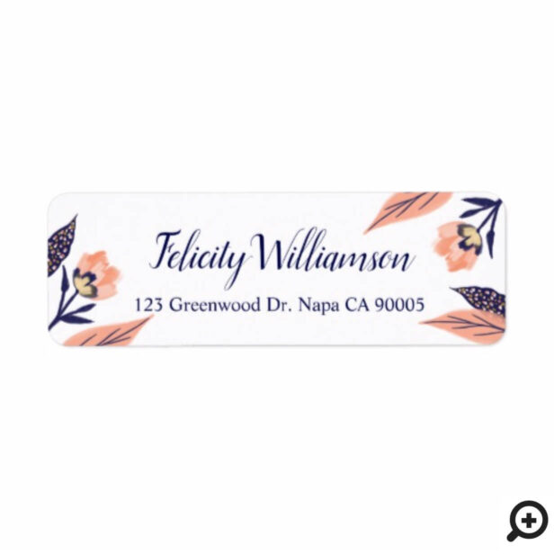 Modern Peach & Navy Florals Watercolor Flowers Label