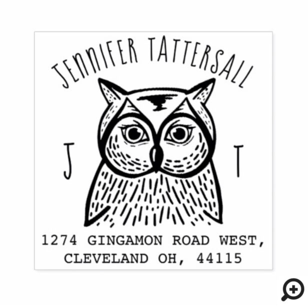 Cute Owl Animal Monogram & Name Return Address Rubber Stamp
