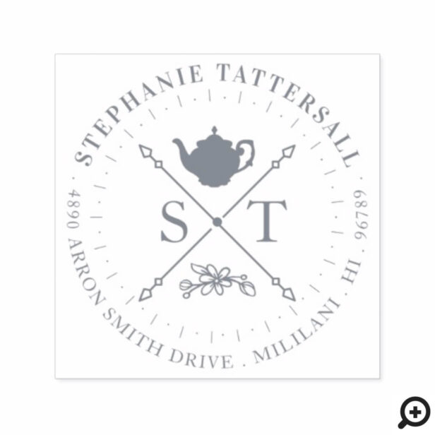 Teatime Vintage Teapot Monogram & Address Crest Self-inking Stamp