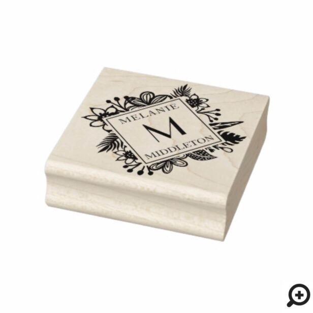 Tropical Wreath Greenery Family Name & Monogram Rubber Stamp