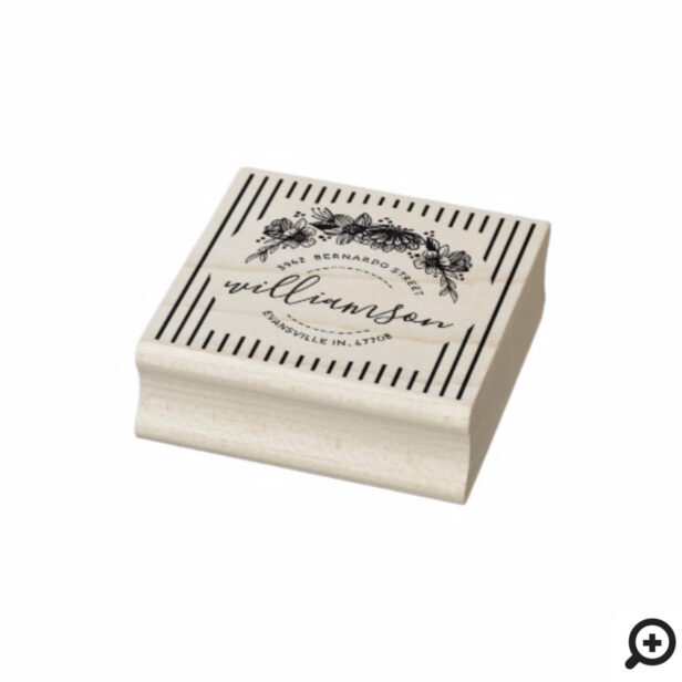 Shabby Chic Trendy Floral & Stripes Name & Address Rubber Stamp