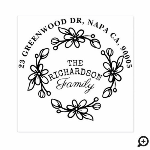 Floral Botanical Blossom Daisy Wreath Name Address Rubber Stamp