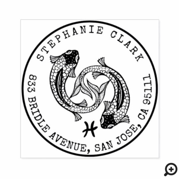 Pisces Zodiac Hand-drawn Fish | Return Address Rubber Stamp