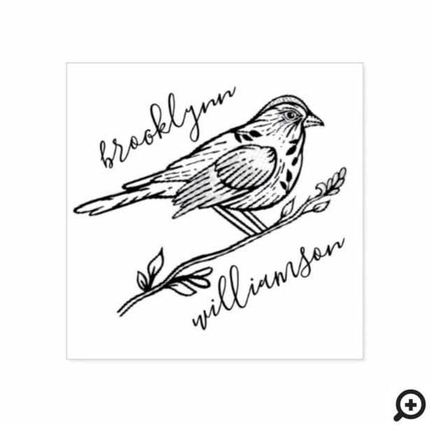Natural Vintage Bird & Branch Personalized Name Rubber Stamp