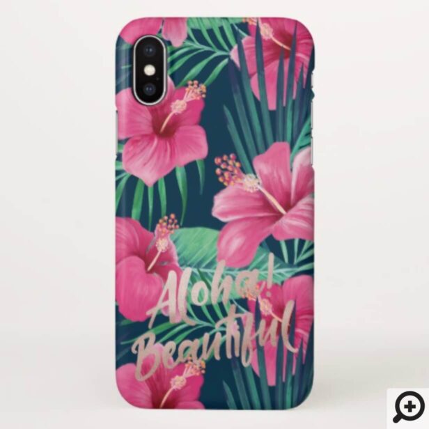 Tropical Watercolor Palm Foliage & Pink Hibiscus iPhone Case