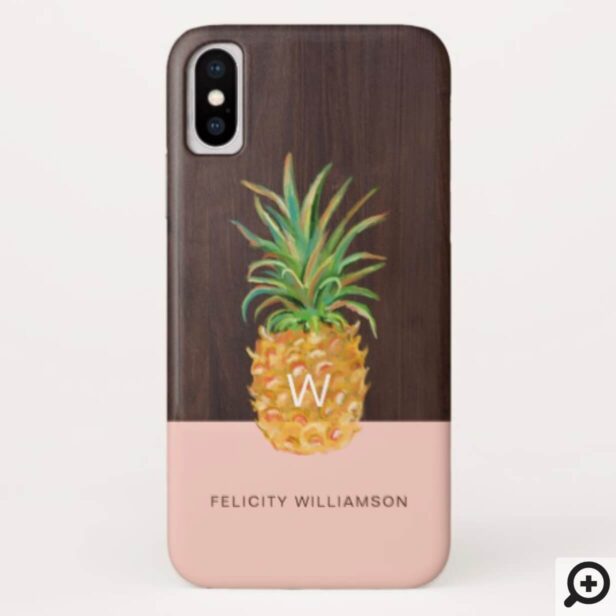 Pink & Woodgrain Modern Tropical Pineapple Fruit Case-Mate iPhone Case