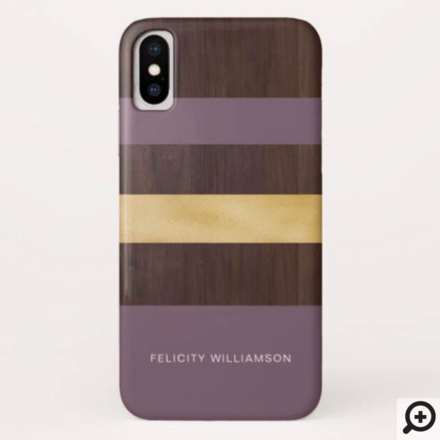 Woodgrain Gold & Plum Stripe Modern Retro Case-Mate iPhone Case