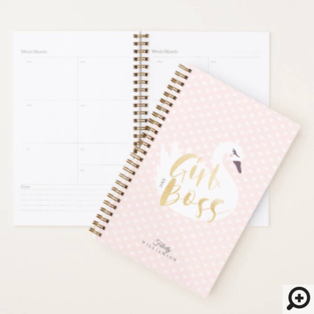 Girl Boss | Chic Girly White Swan & Polka Dot Planner