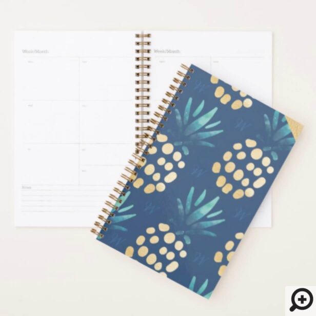 Blue, Teal & Gold Tropical Pineapple Fruit Pattern Planner