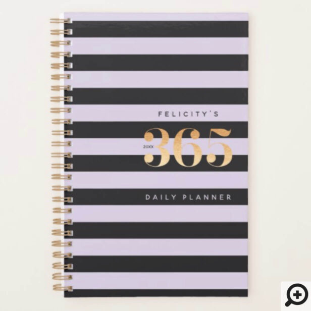 365 Daily Planner | Chic Gold Lilac & Black Stripe