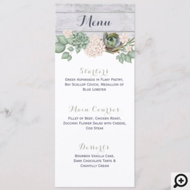 Sage Floral Flowers & White Wood Wedding Menu Card