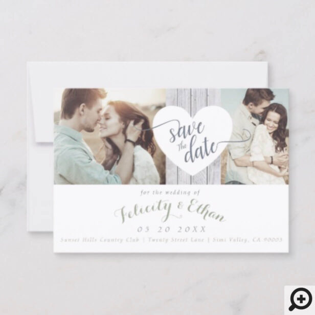 Sage Floral Wood Photo Wedding Save The Date Card