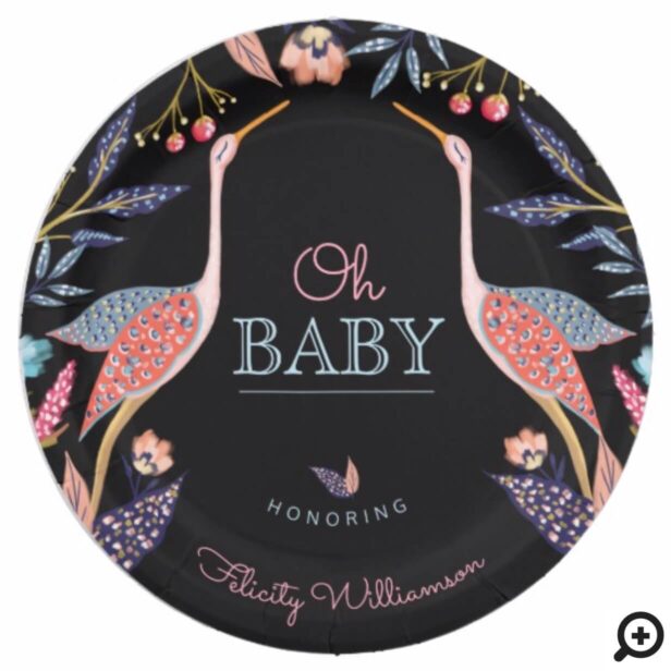 Oh Baby | Chic Floral Botanical Stork Baby Shower Paper Plate