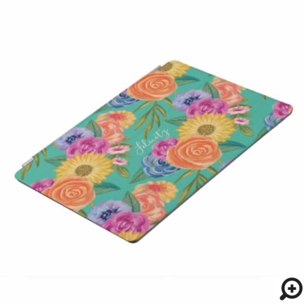 Personalized Chic Lively Floral Blossom Print Teal iPad Pro Cover