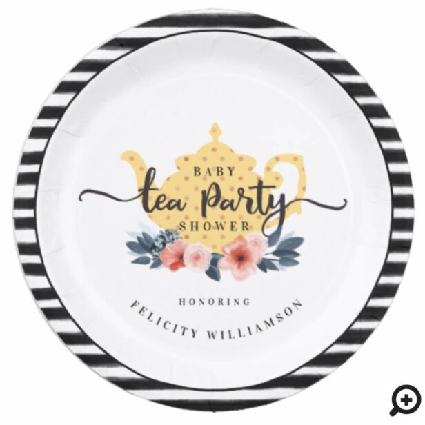 Stripe Vintage Floral Yellow Tea Party Baby Shower Paper Plate