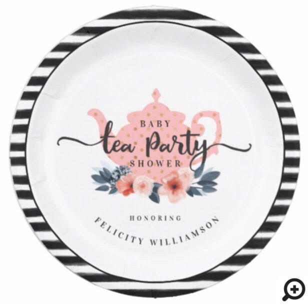 Stripe Vintage Floral Tea Party Girl Baby Shower Paper Plate