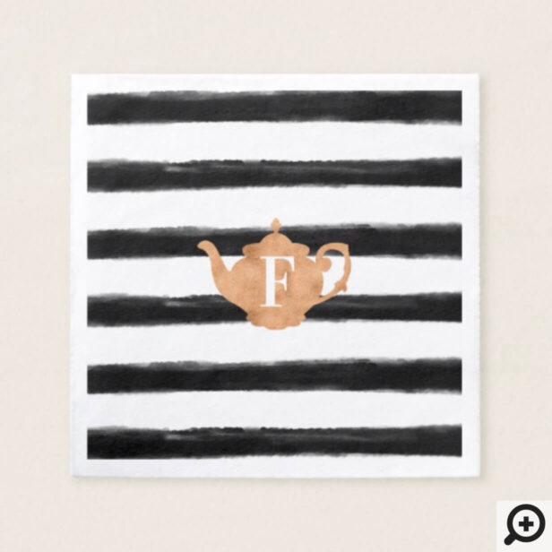 Black White Stripe Copper Vintage Teapot Tea Party Napkin