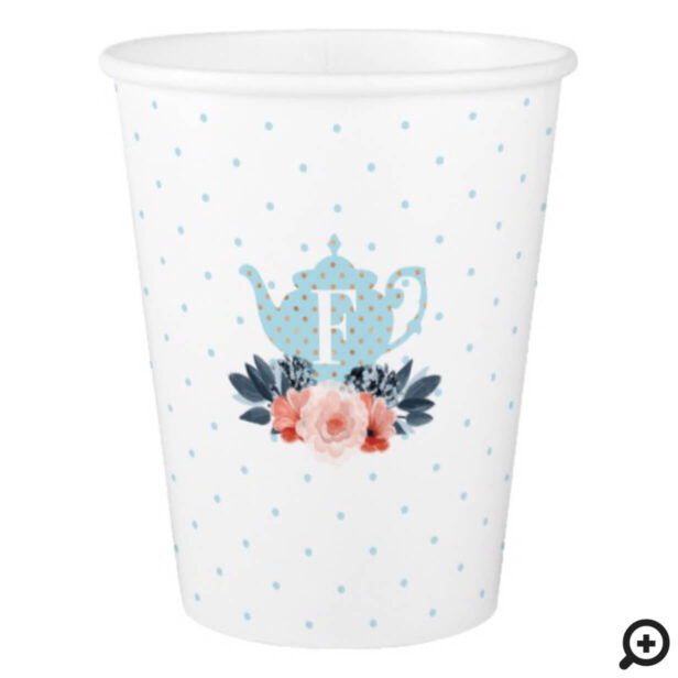 Blue Polka Dot Floral Vintage Tea Party Monogram Paper Cup