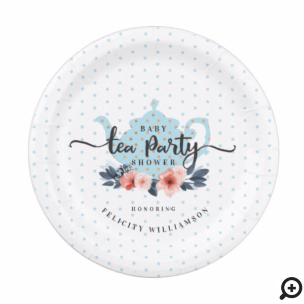Blue Polka Dot Vintage Floral Teapot Baby Shower Paper Plate