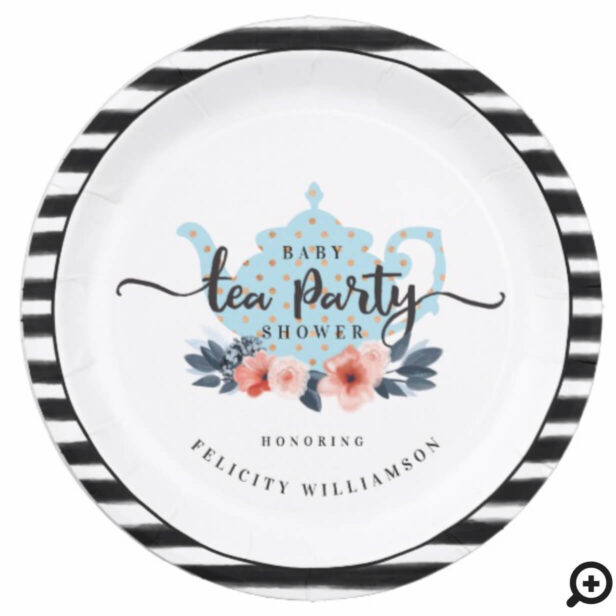 Stripe Vintage Floral Tea Party Boy Baby Shower Paper Plate