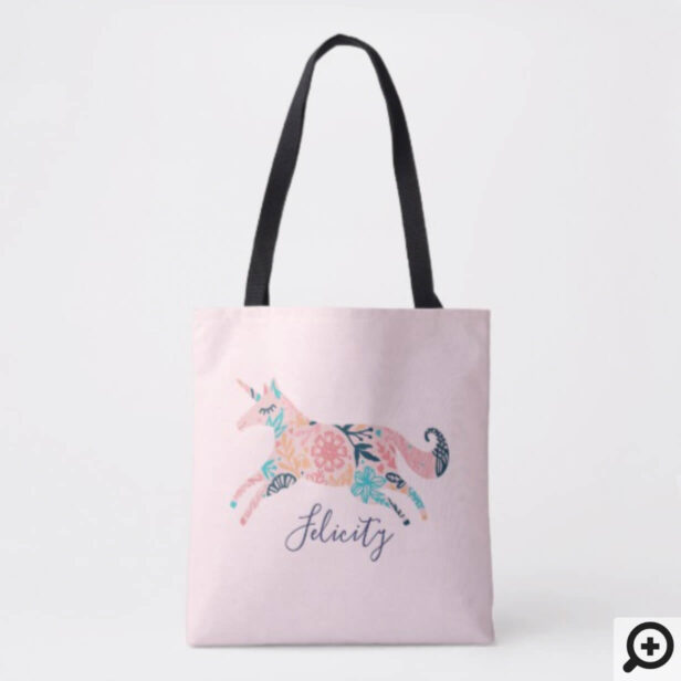 Magical Whimsical Pink Floral Unicorn Monogram Tote Bag