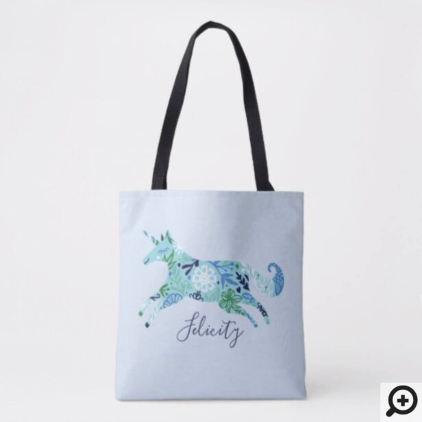 Magical Whimsical Blue Floral Unicorn Monogram Tote Bag