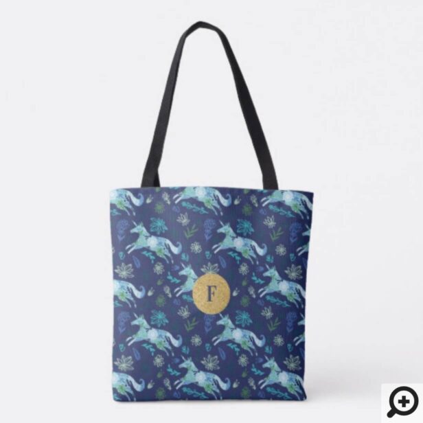 Magical Whimsical Blue Floral Unicorn Monogram Tote Bag