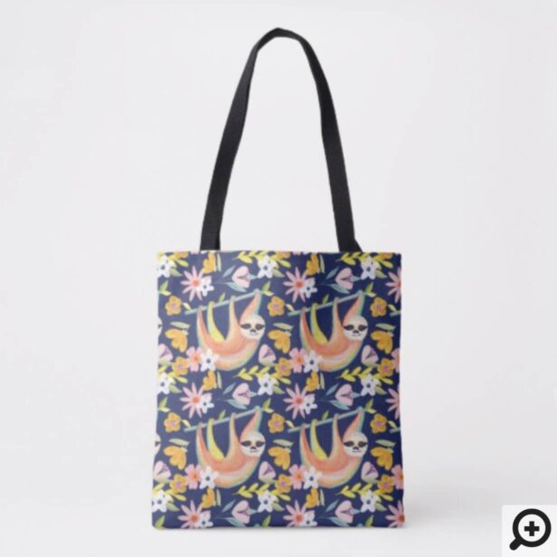 Chic Topical Vibes Jungle Sloth & Floral Pattern Tote Bag