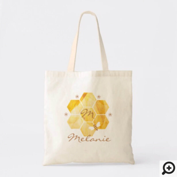 Honeycomb Watercolor Flower & Honey Bee Monogram Tote Bag