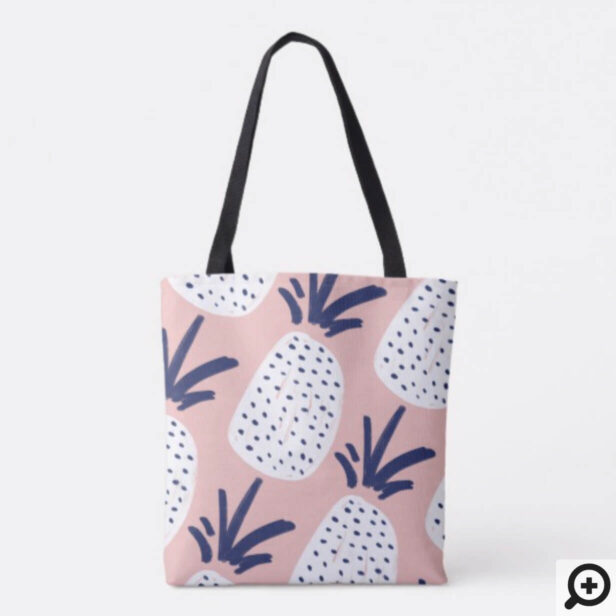 Pink & Green Abstract Pineapple & Cactus Pattern Tote Bag
