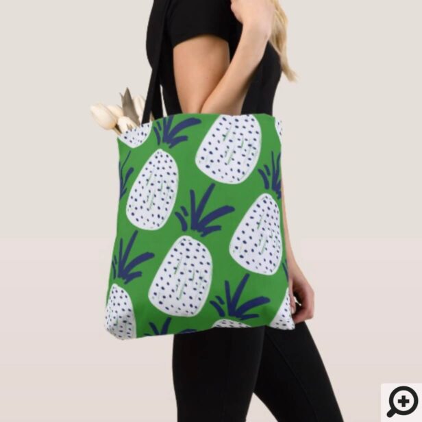 Pink & Green Abstract Pineapple & Cactus Pattern Tote Bag