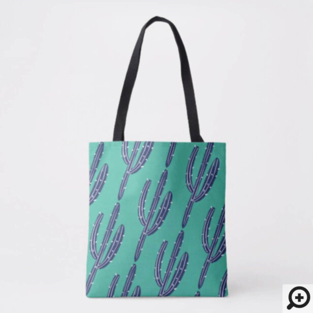 Navy Blue & Emerald Green Artistic Cactus Pattern Tote Bag
