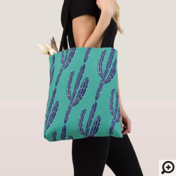 Navy Blue & Emerald Green Artistic Cactus Pattern Tote Bag