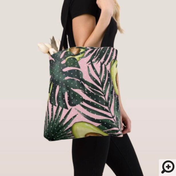 Modern Pink & Green Avocado Tropical Palm Leaves Tote Bag