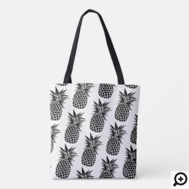 Black & White Tropical Pineapple Fruit Pattern Tote Bag